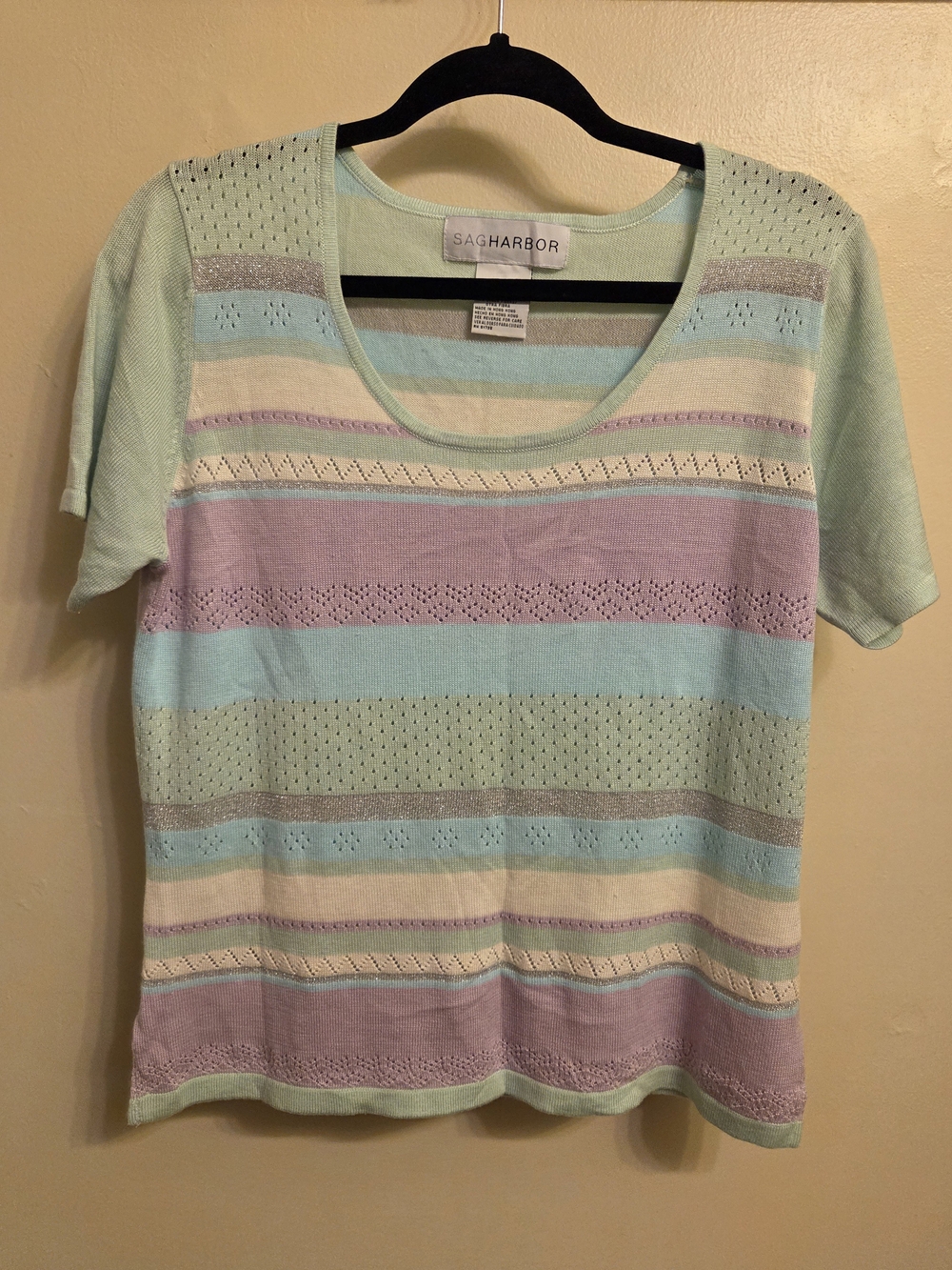 Sag Harbor Fairycore Pastel Striped Knit Top L Shimmer Metallic 90s Soft Vintage
